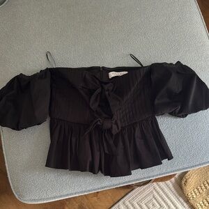 HUNTER BELL Black Puff Sleeve Blouse with Tie Front and Ruffled Details